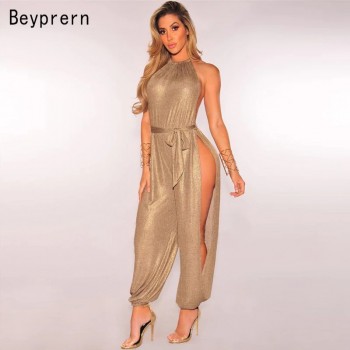 Beyprern Sexy Gold Metallic Slit Leg Harem Jumpsuits Rompers Stylish Gold Sleeveless Halter Keyhole Jumpsuits Overalls Clubwear